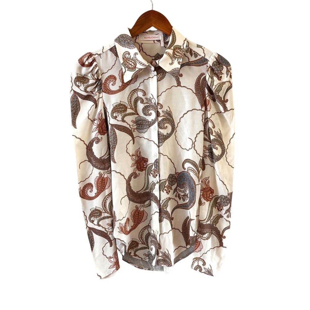 See By Chloe Paisley Button Up Top Womens‎ 34/S Multicolor Puff Sleeve Luxury